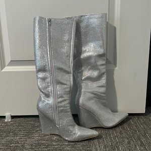 Sparkling Bejeweled Silver Boots